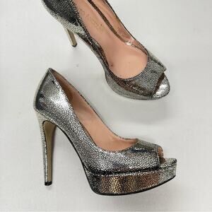 Enzo Angiolini Silver Leather Sparkle Stiletto Heels Women’s 5 Party Shoes Glitz